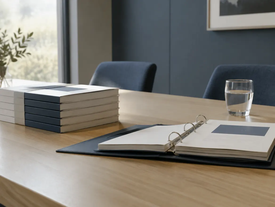 Bound corporate reports on a boardroom table