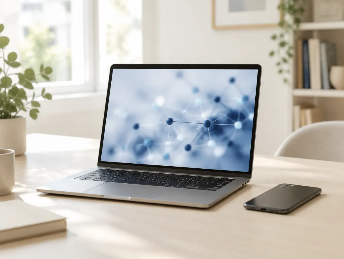 Laptop showing an abstract network graph on a bright desk